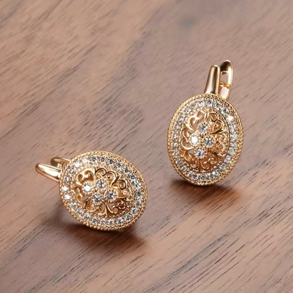 Vintage Zircon Oval Earrings 585 Rose Gold Women Luxury Earrings - Picture 1 of 6
